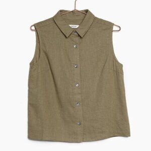 Mod Ref Womens Linen Top Medium Tan Sleeveless Button Up Collared Short Khaki 90